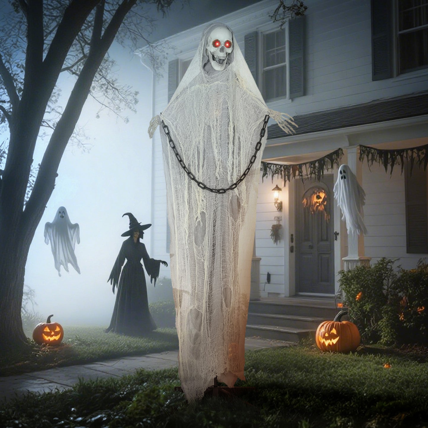 183 cm Life Size Halloween Animated Skeleton Grim Reaper with Glowing LED Eyes, Scary Halloween Decorations