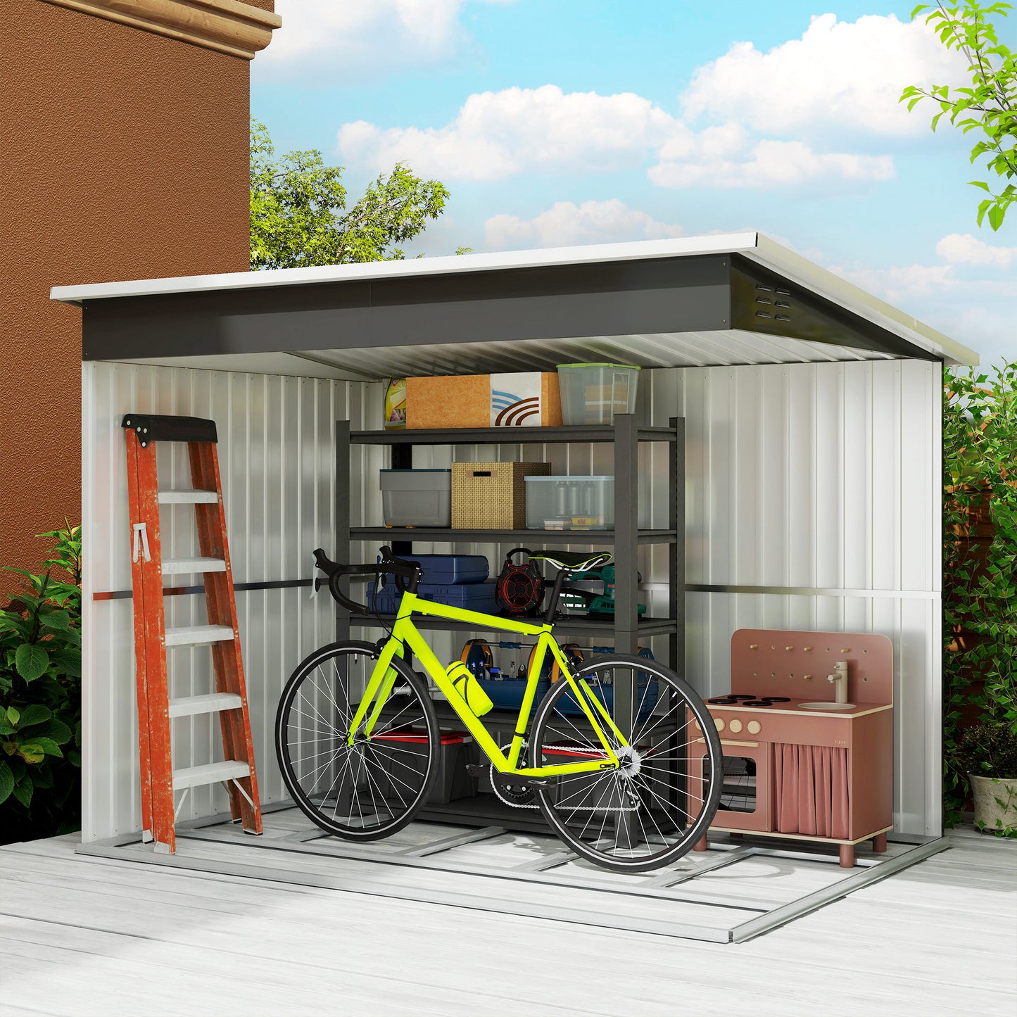 8.5 x 6ft Storage Shed Galvanised Steel Garden Shed, Metal Shed with Foundation Kit, Window