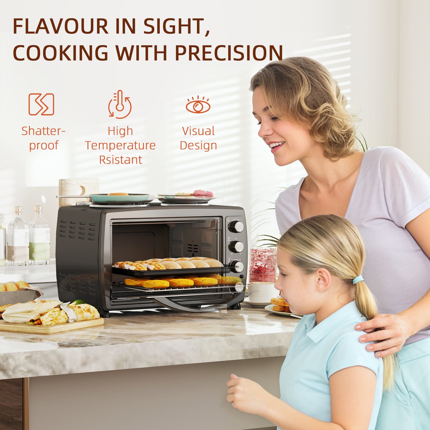 36L Small Oven with 2 Hot Plates, Countertop Toaster Oven, Grill, Roast, Bake, Boil, with Timer, Adjustable Temperature