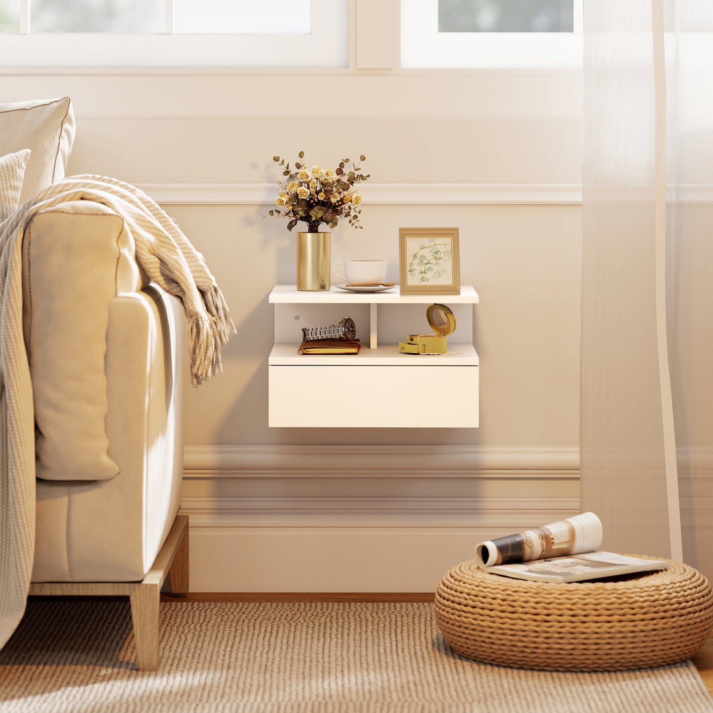 Set of Two Floating Bedside Tables - White