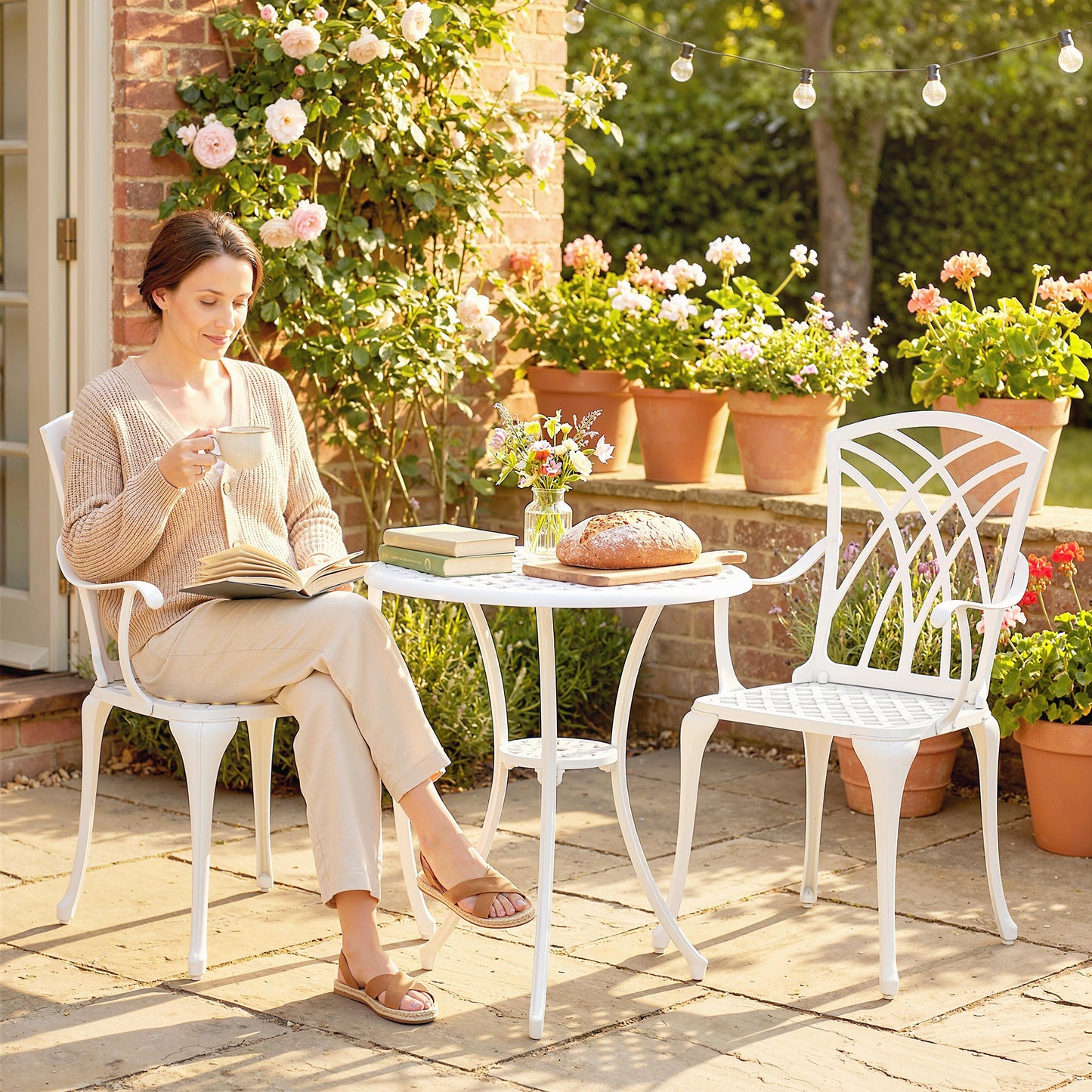 3 Pieces Garden Bistro Set, Cast Aluminium Outdoor Dining Set with 2 Chairs and Round Table with Parasol Hole, White