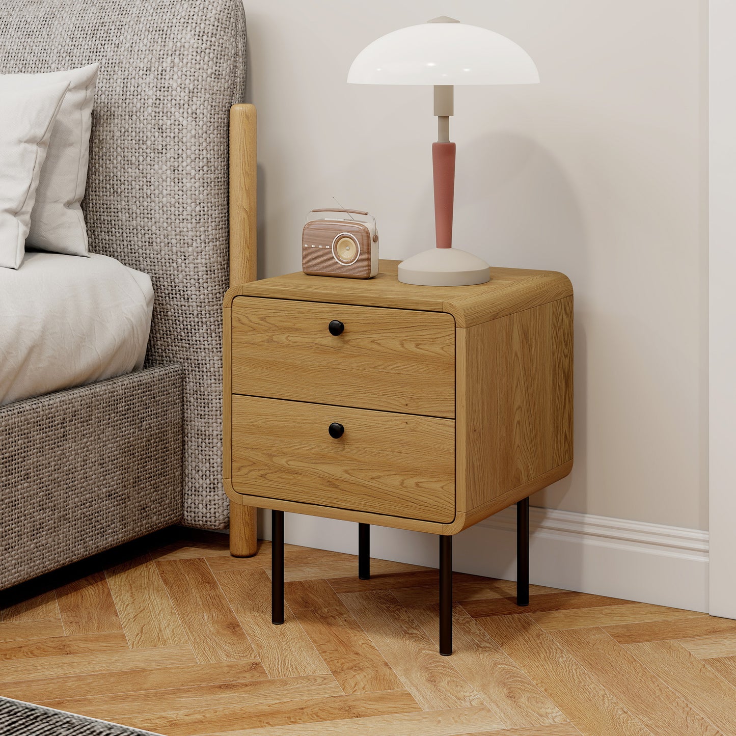 Bedside Table with 2 Drawers and Steel Legs - Oak