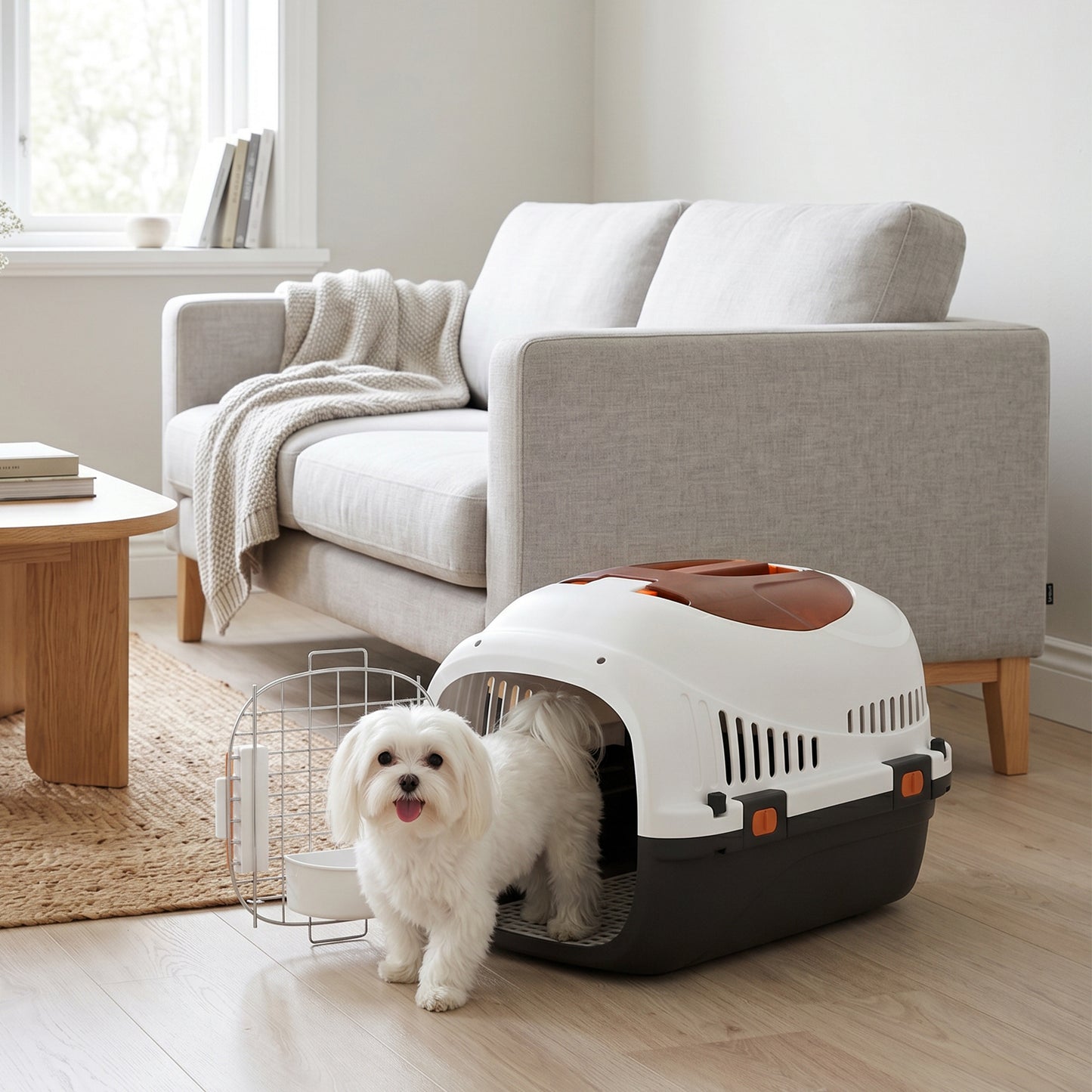 Plastic Pet Carrier Hard Shell Dog Cat Carrier Max 4 KG Steel Door Feed Bowl Secure Lock 49 x 32 x 31 cm