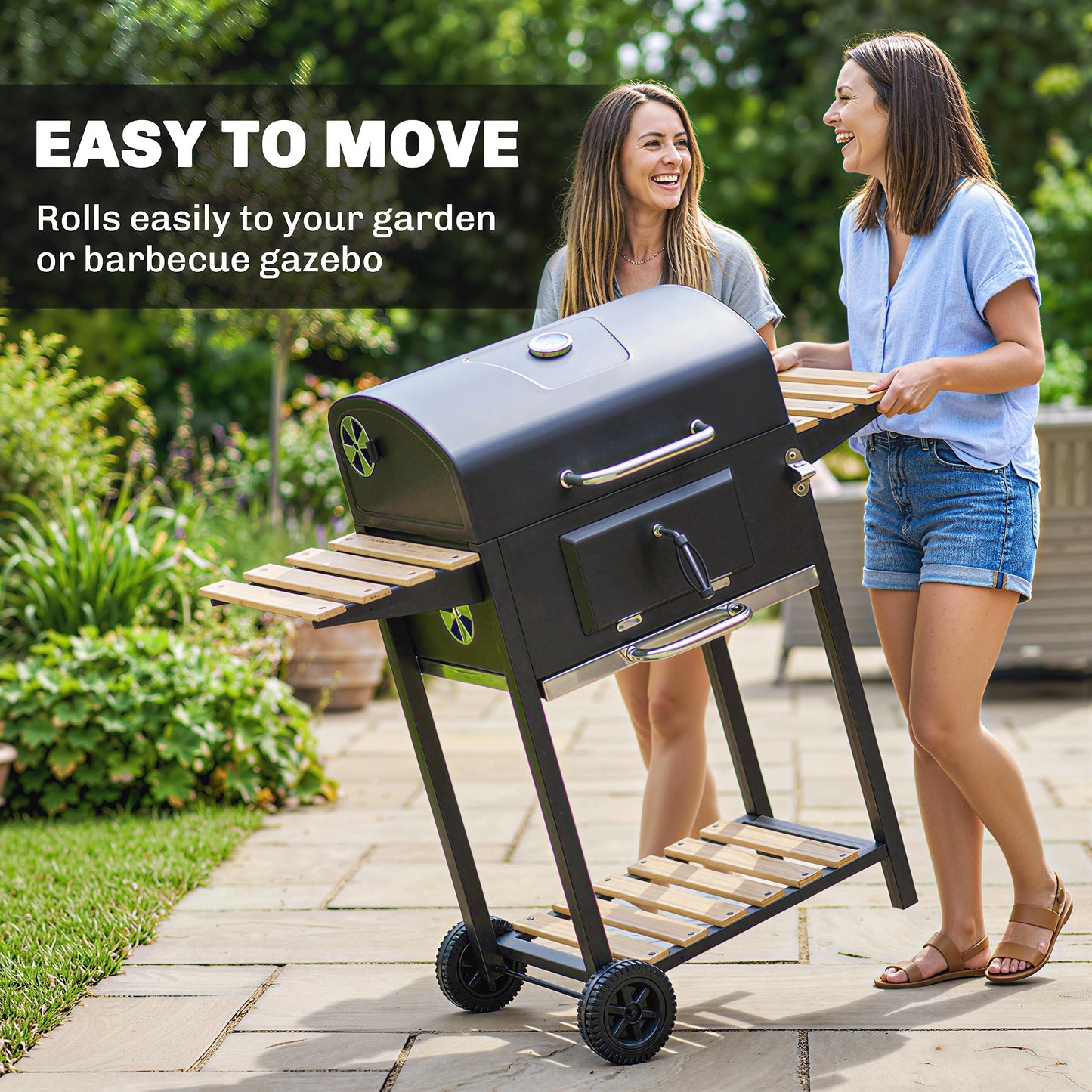 Charcoal BBQ Grill with Adjustable Charcoal Pan, Barbecue Smoker with Warming Rack, Black