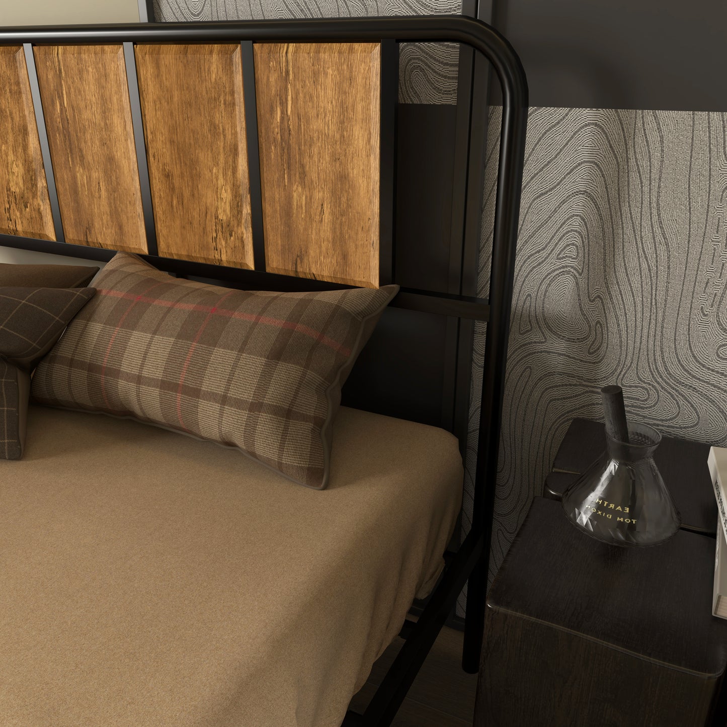 4.8ft Double Bed Frame with Industrial Wood Headboard, Steel Slat Support and 25.5cm Underbed Storage Space, 145 x 197cm