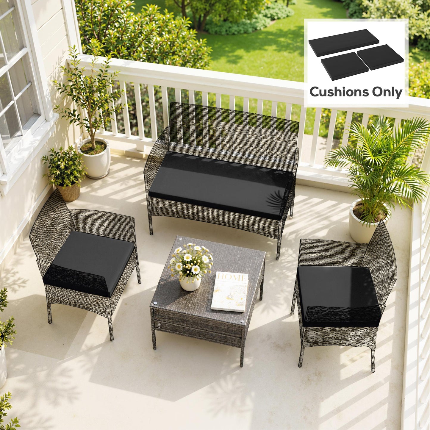 Outdoor Seat Cushion Pads for Rattan Furniture, 3 PCs Garden Furniture Cushions, Black