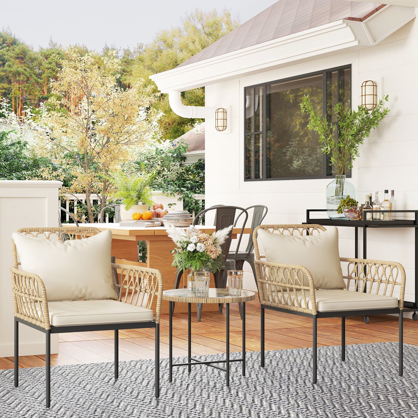 3 Piece Rattan Bistro Set, Wicker Garden Furniture Set with Cushions, Glass Top Coffee Table and Chairs for Outdoor, Patio