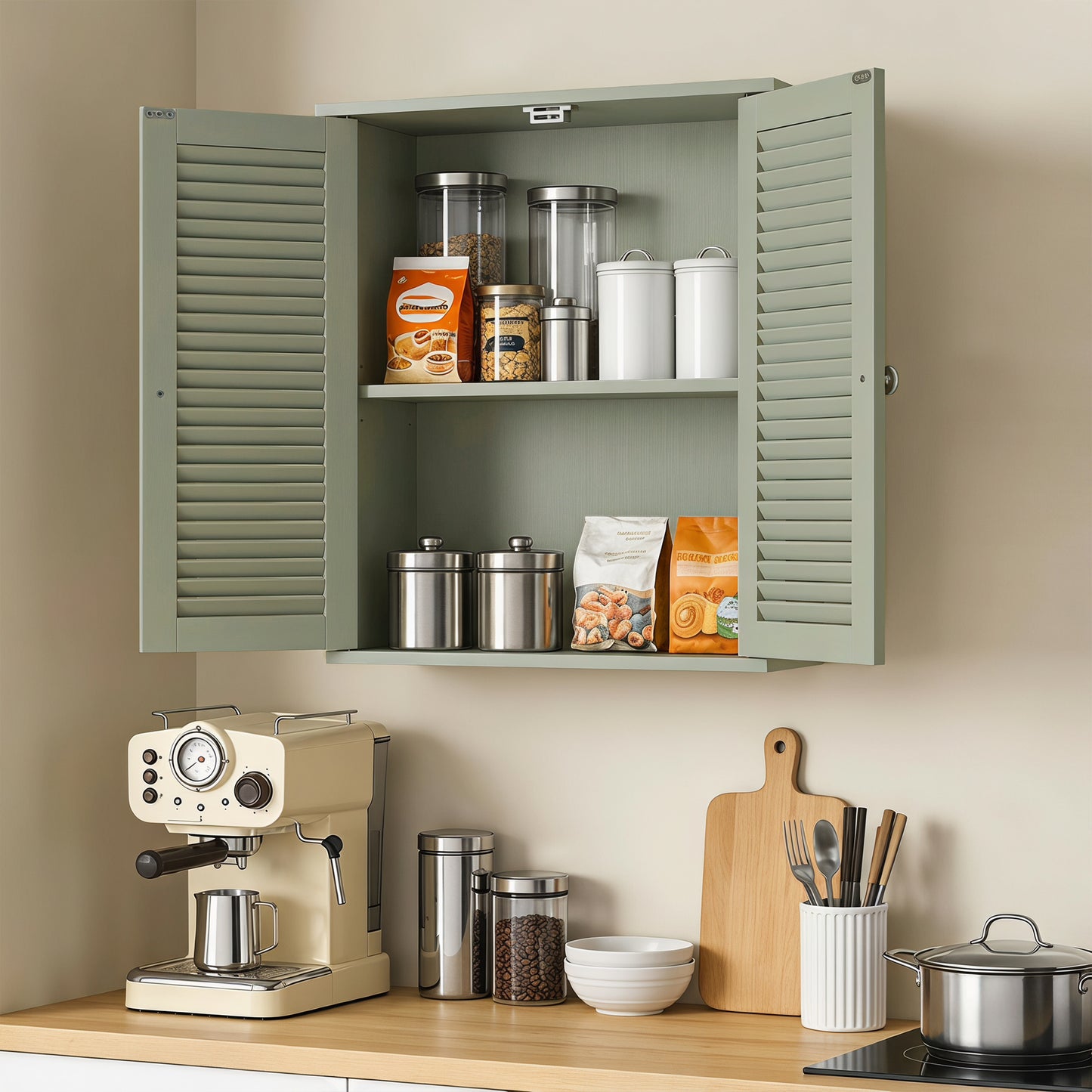 Bathroom Cabinet, Bathroom Wall Cabinet with Louvered Doors and Adjustable Shelf Storage for Kitchen, Light Green