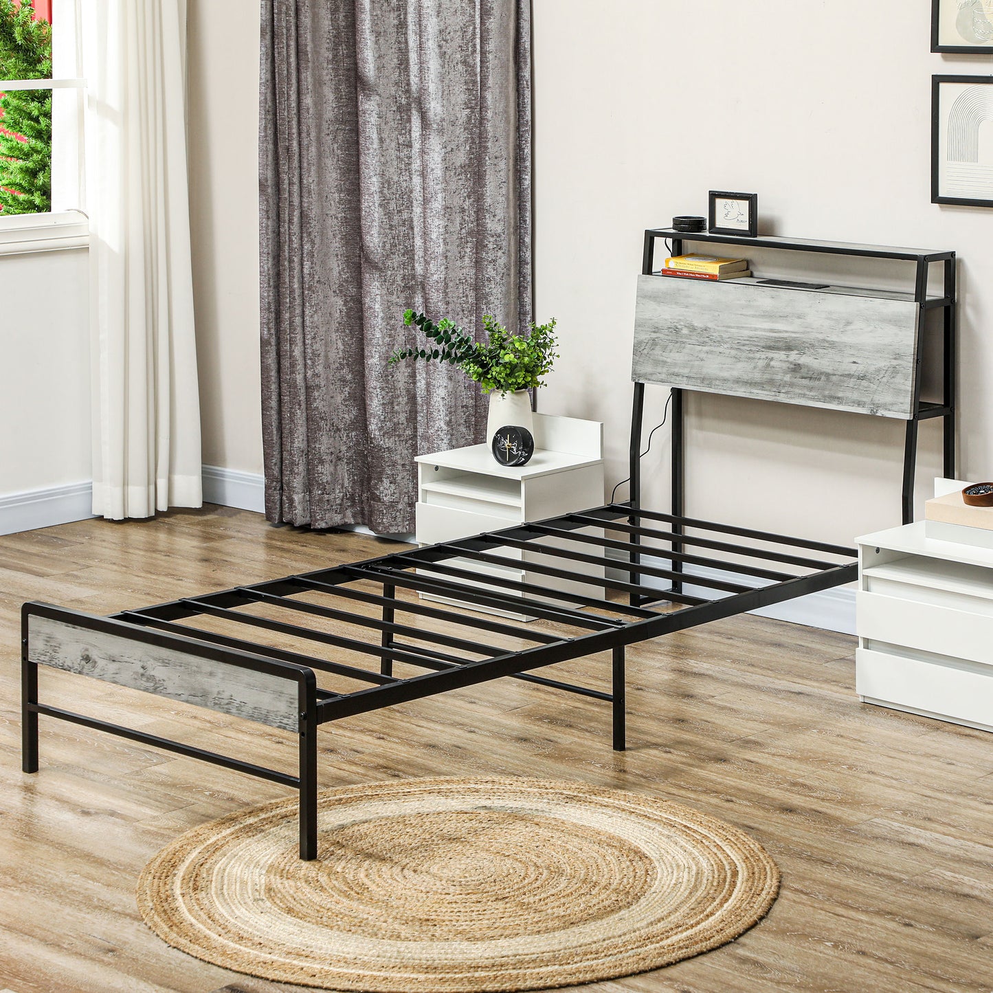 Single Steel Bed Frame, with LED Lights and Shelf - Grey