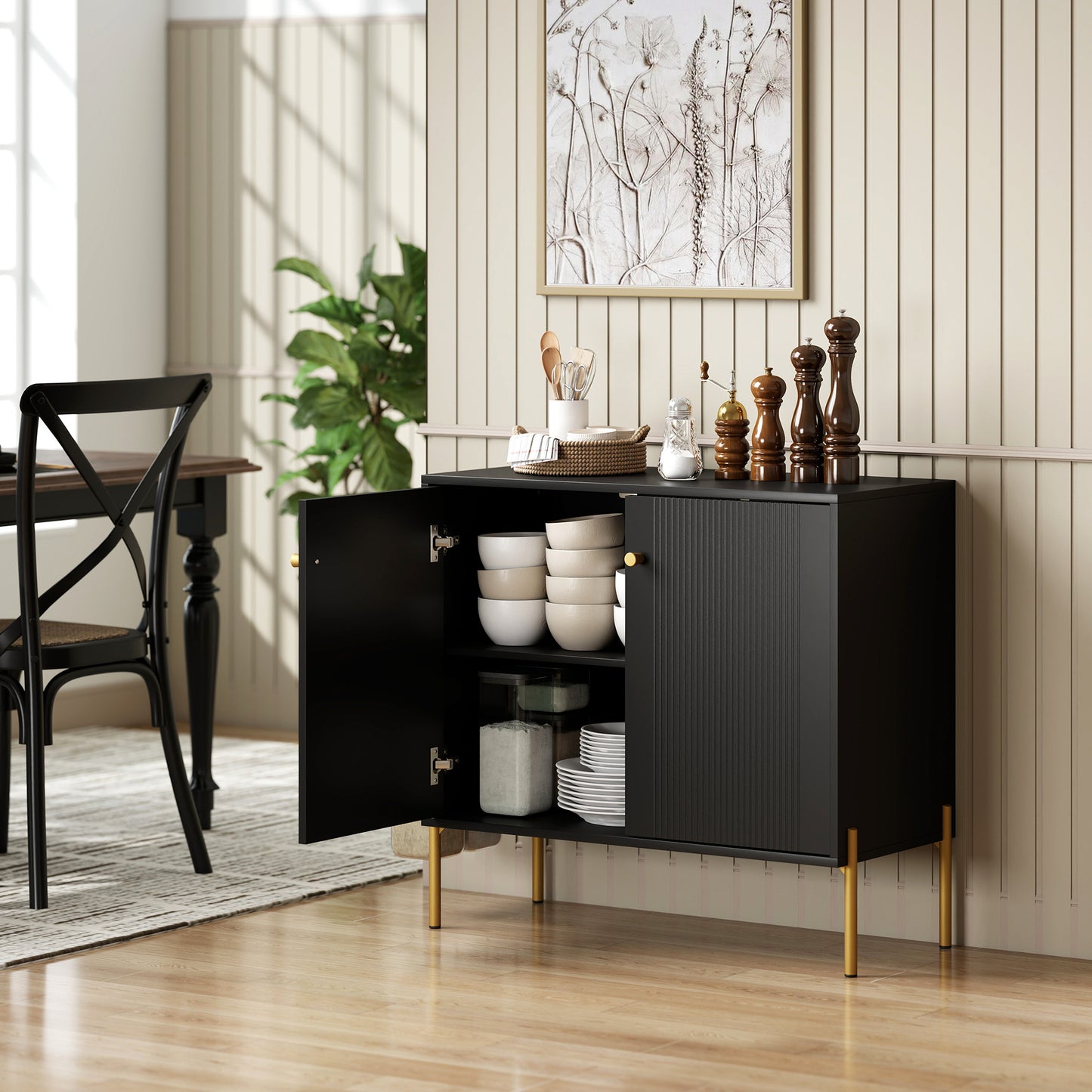 Sideboard Buffet Cabinet, Coffee Bar Cabinet with Fluted Doors and Adjustable Shelf, Black