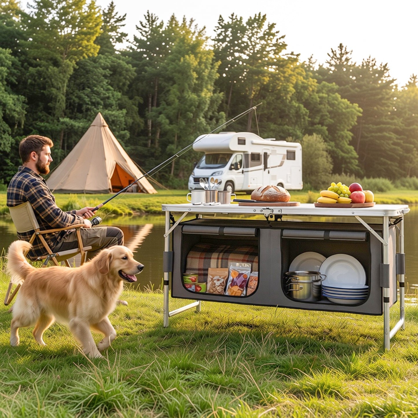 4ft Folding Camping Cupboard Kitchen, Height Adjustable Aluminium Camping Table with Storage