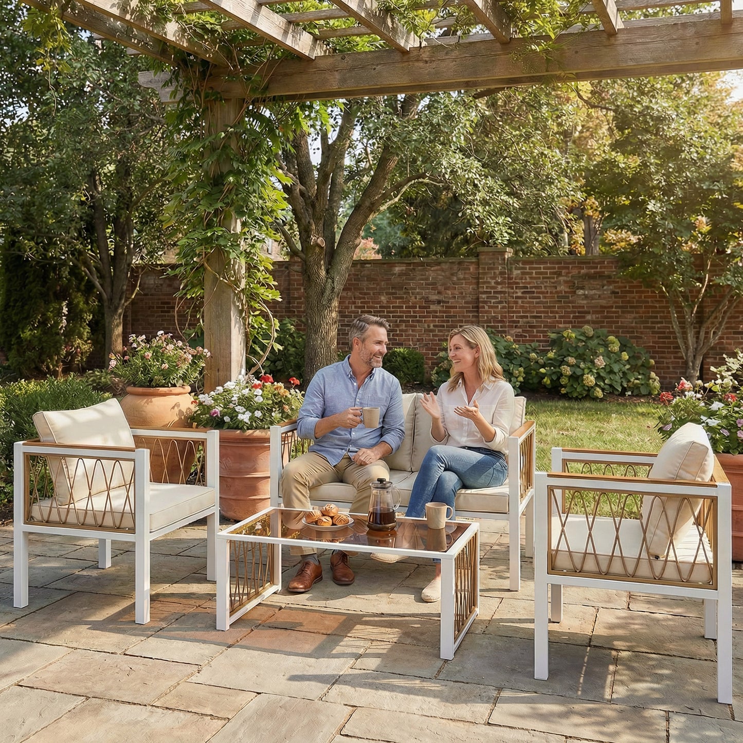 4 Piece Rattan Garden Furniture Set with Loveseat, 2 Armchairs, Cream White