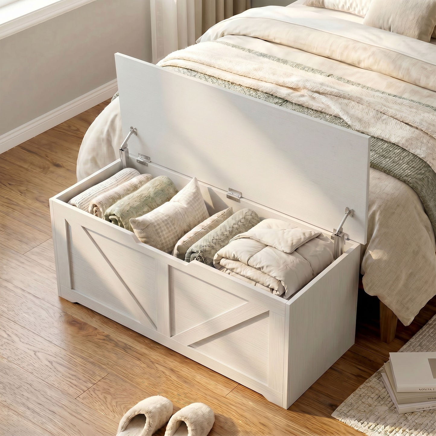 127L Home Storage Box, with Safety Hinges - White Wood-Effect