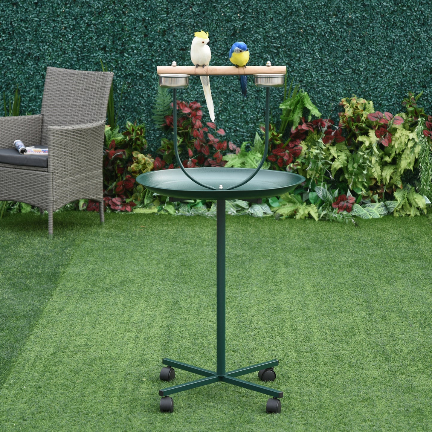 Bird Perch Stand with Four Wheels, Feeding Bowls, for Small, Medium Birds, Green