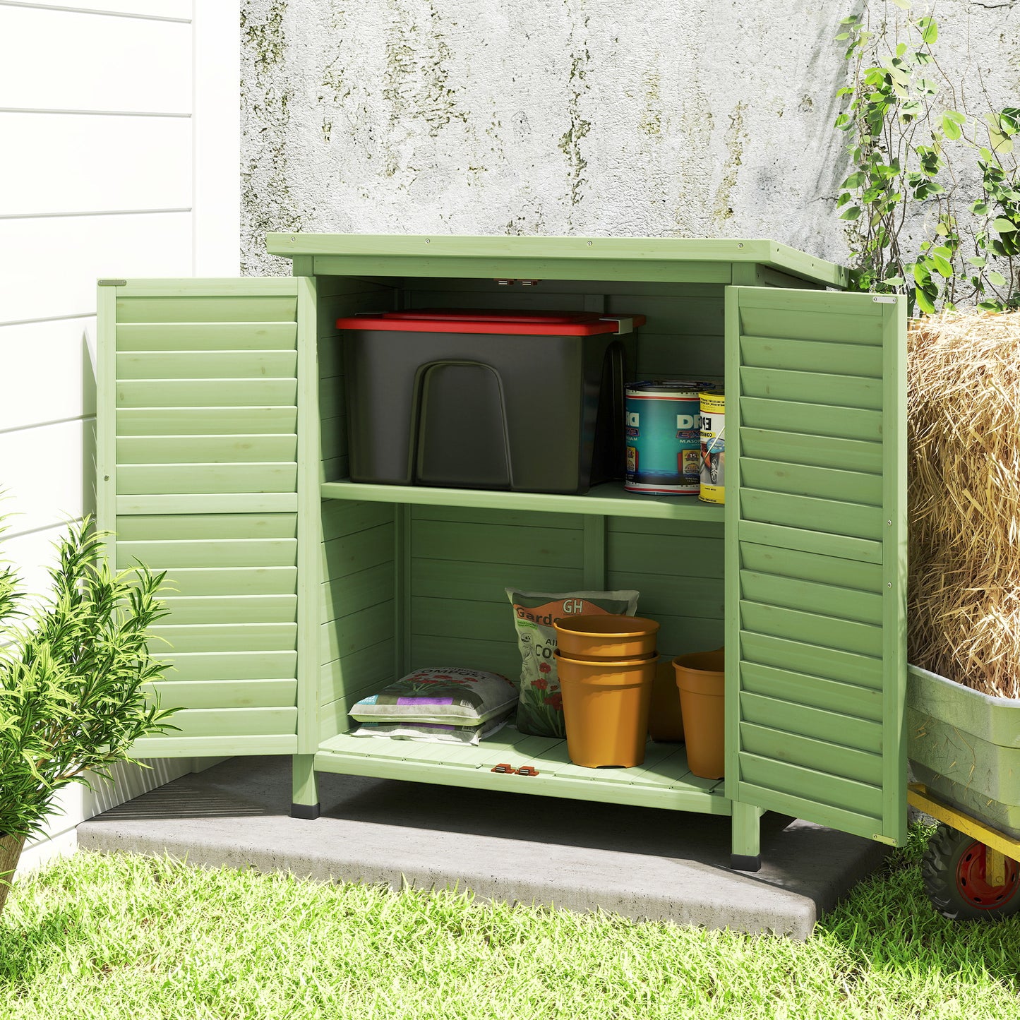 Garden Shed Wooden Garden Storage Shed 2 Door Unit Solid Fir Wood Garage Tool Organisation Cabinet, 87L x 46.5W x 96.5Hcm