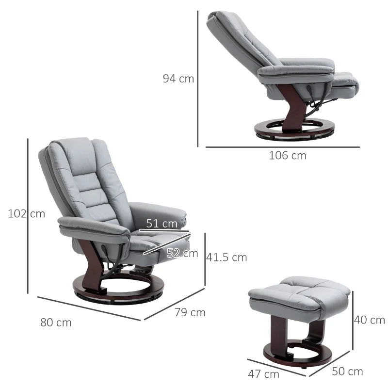 PU Leather Leisure Manual Armchair Recliner and Footrest Set with Swivel Wood Base - Grey