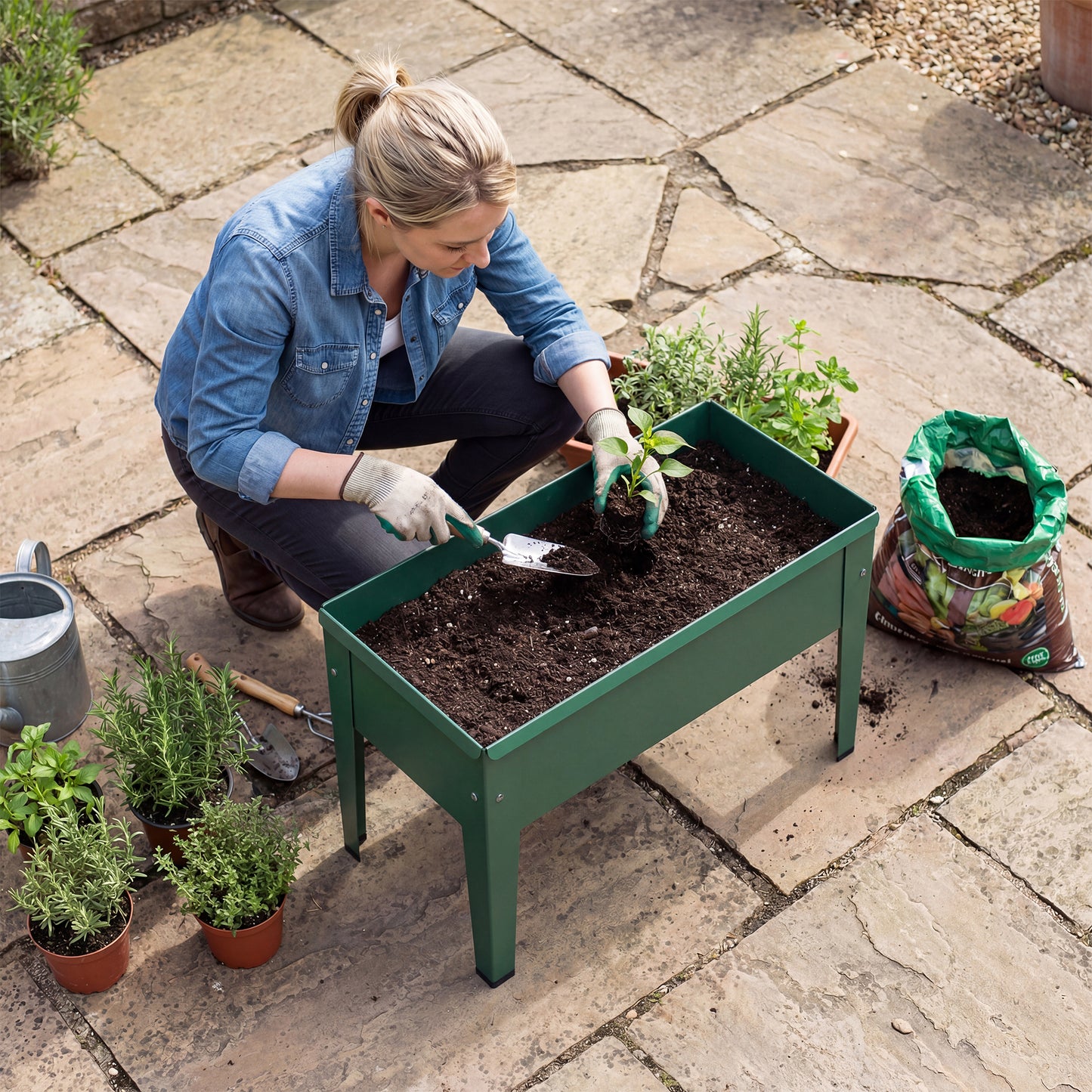 Raised Planter, Metal Raised Garden Bed on Legs with Drainage Hole and Foot Covers, Green