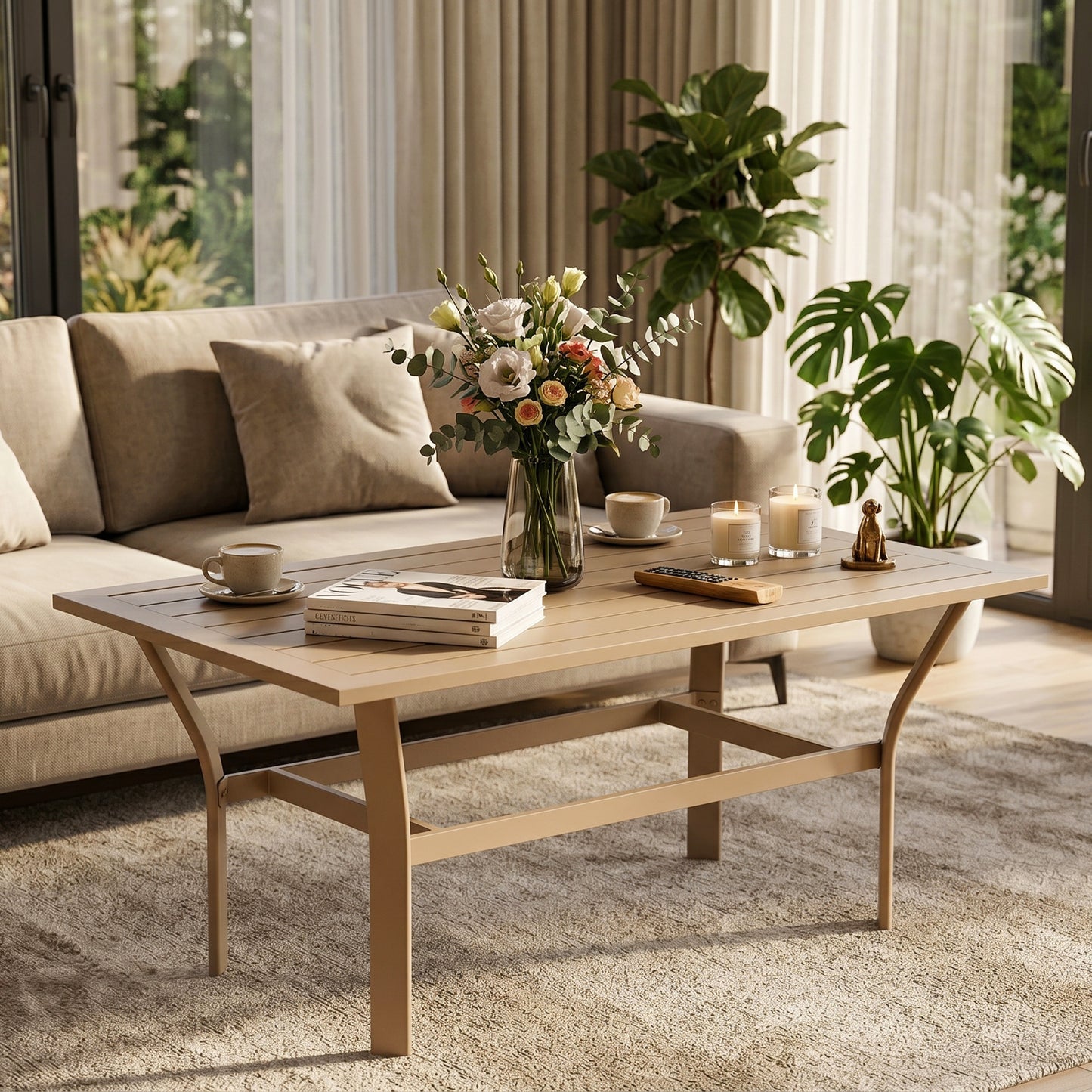 Metal Garden Coffee Table, Rectangular Outdoor Side Table with Slatted Tabletop, Foot Pads for Outside, Garden, Balcony