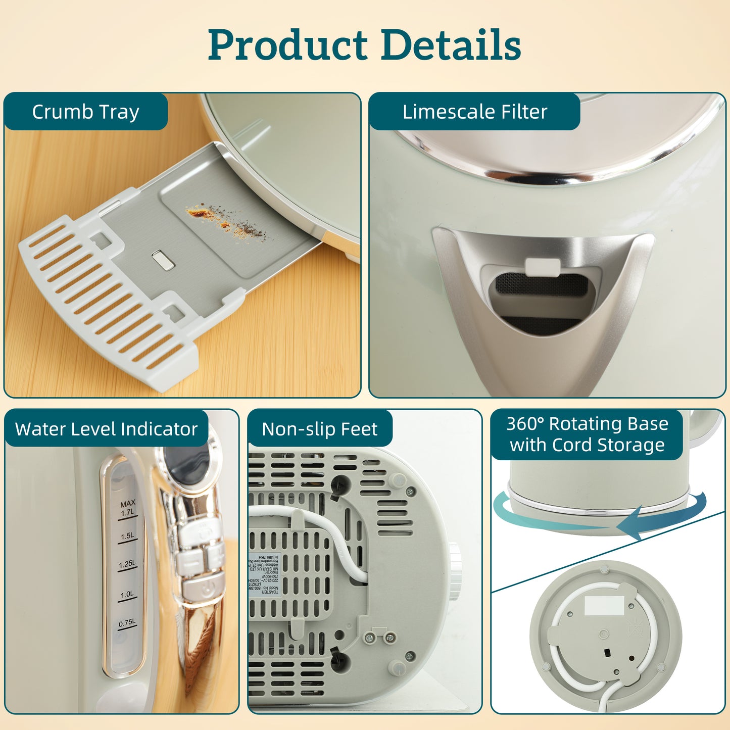 Polished Retro 40-100°C Kettle and Toaster Set - Grey