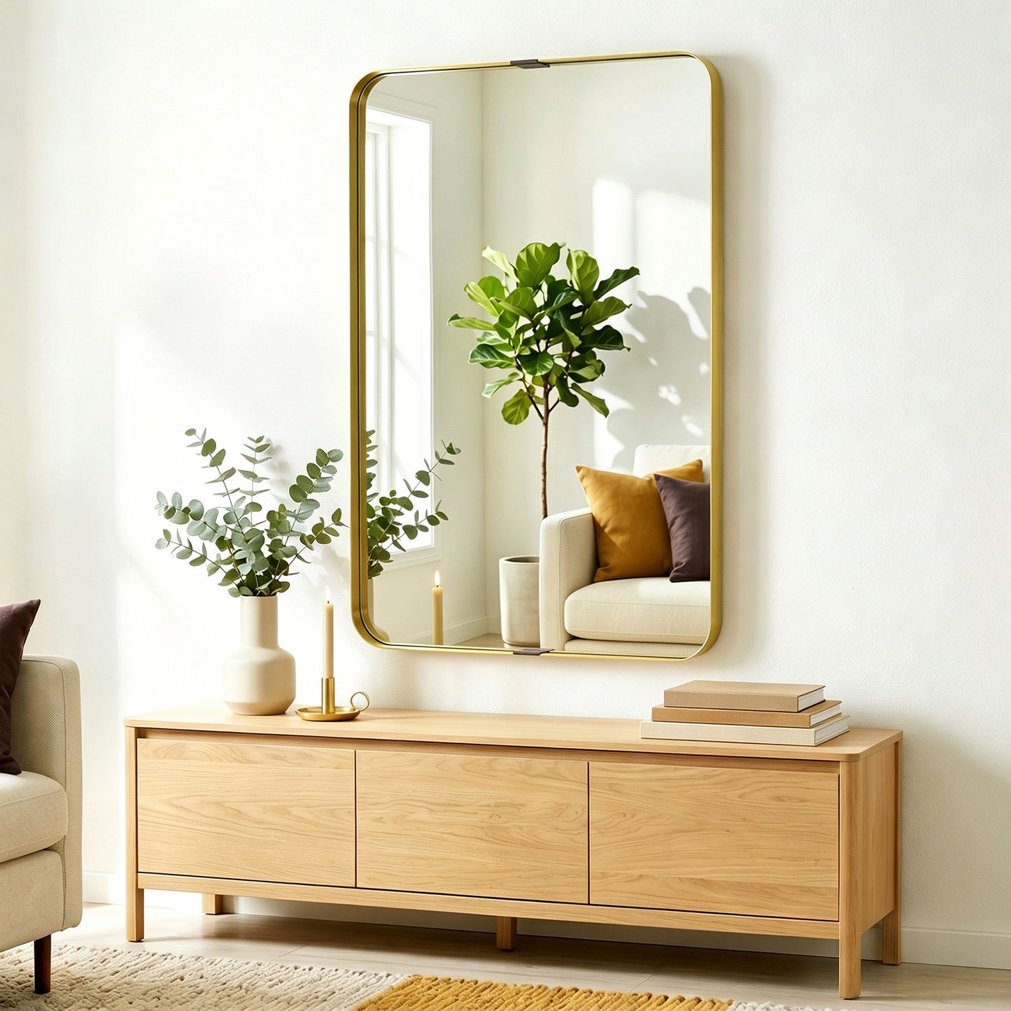 Rectangular Wall Mirror, 90 x 60 cm Wall Mounted Bathroom Mirror w/ Aluminium Alloy Frame and Tempered Glass, Gold Tone
