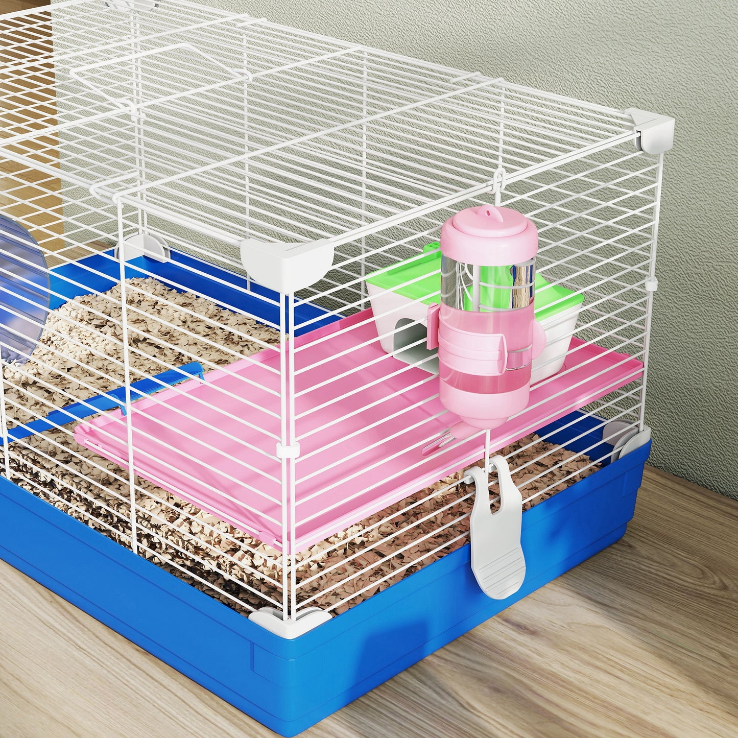 Hamster Cage, Small Gerbil Cage 2 Tiers Portable w/ Handle, Exercise Wheel, Water Bottle, Dishes, Blue
