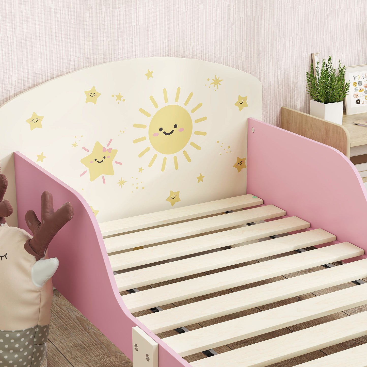 Toddler Bed with Storage, Guardrails, Sun Design, for Ages 3-8 Years, Fits 140 x 70cm Mattress