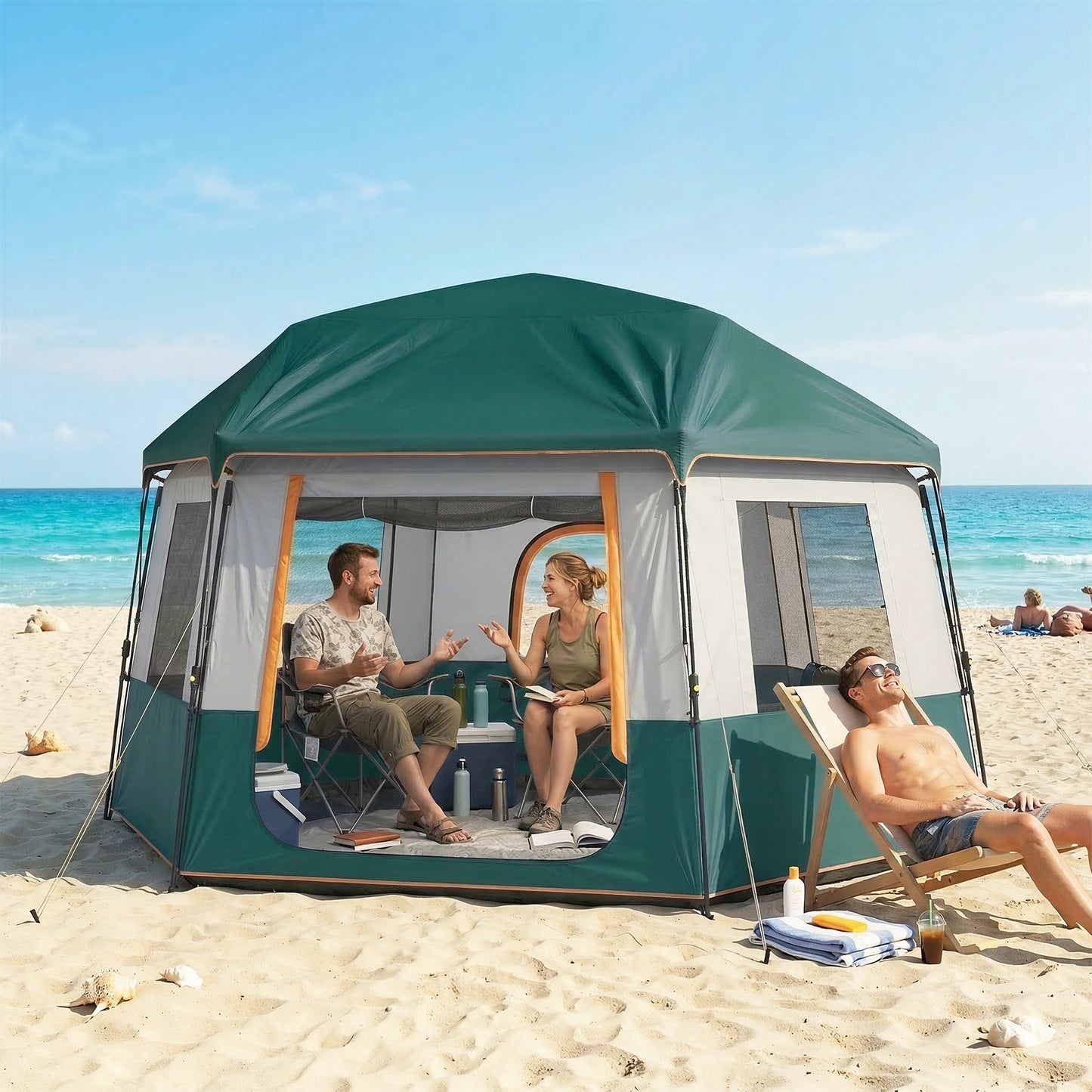 Cabin Tent Easy Setup 3000mm Waterproof Camping Tent 4 Person with Carrying Bag Green