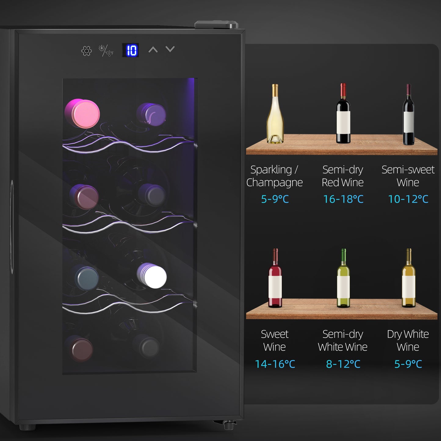 Mini Table Top Wine Fridge, 8 Bottle, 17L, 8-18℃, 26.5cm Quiet Under Counter Wine Cooler Fridge with Glass Door, LED Light
