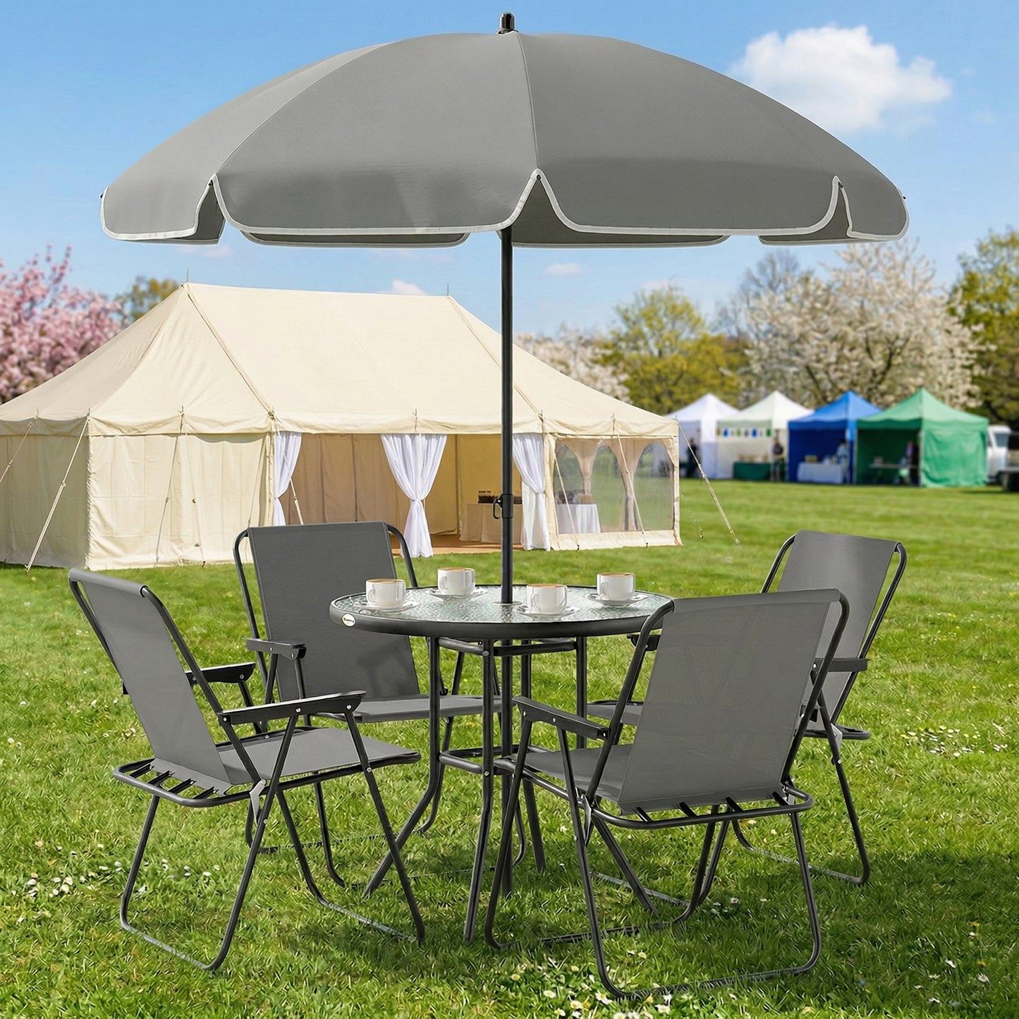 4 Seater Garden Furniture Set, 6 Pieces Garden Table and Chairs with Parasol, Outdoor Garden Dining Set