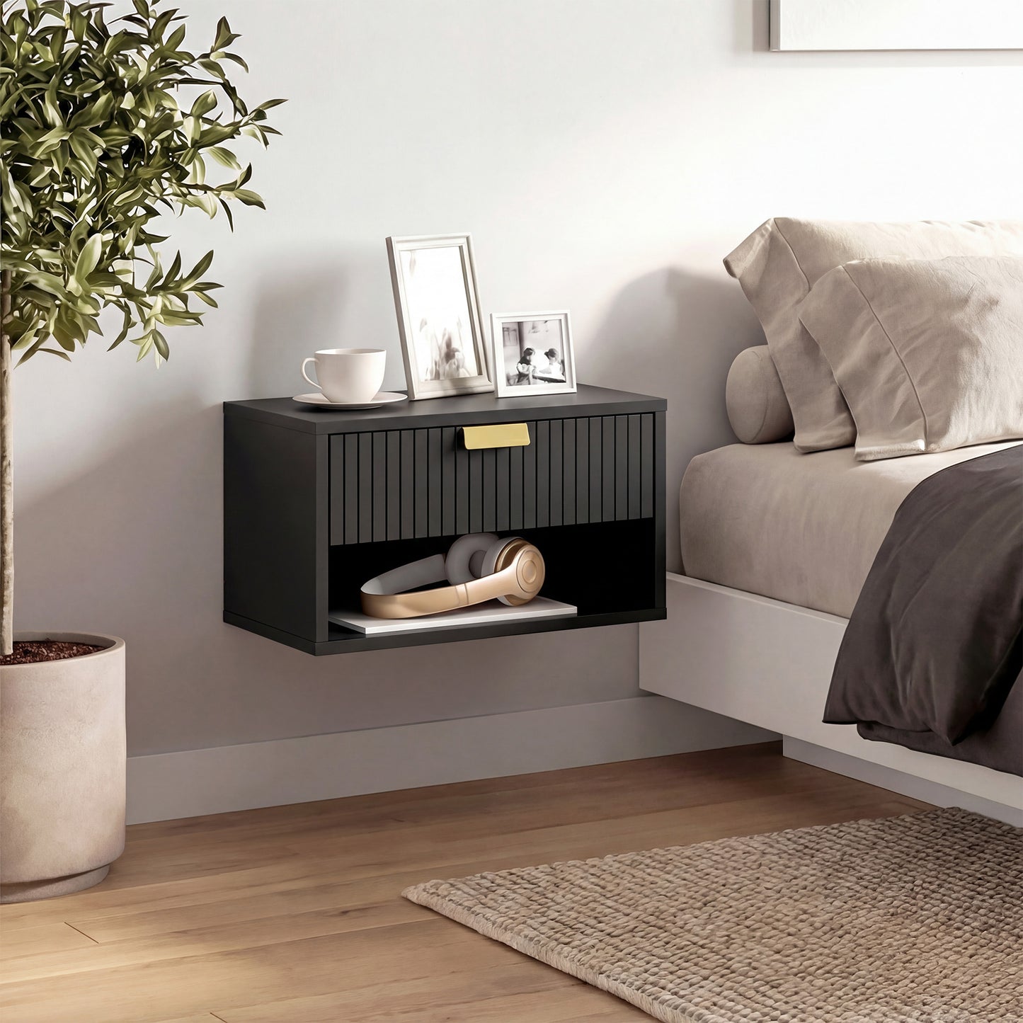 Set of 2 Wall Mounted Nightstands, Floating Bedside Tables with Fluted Drawer and Open Shelf for Small Bedroom, Black