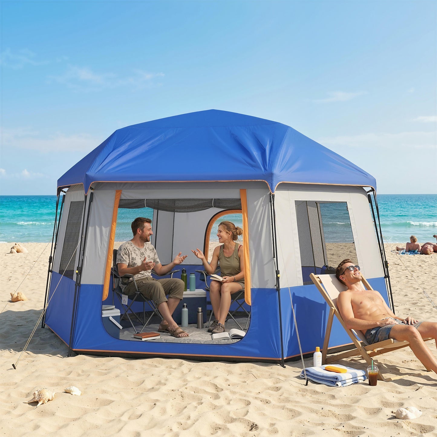 Cabin Tent Easy Setup 3000mm Waterproof Camping Tent 4 Person with Carrying Bag Blue