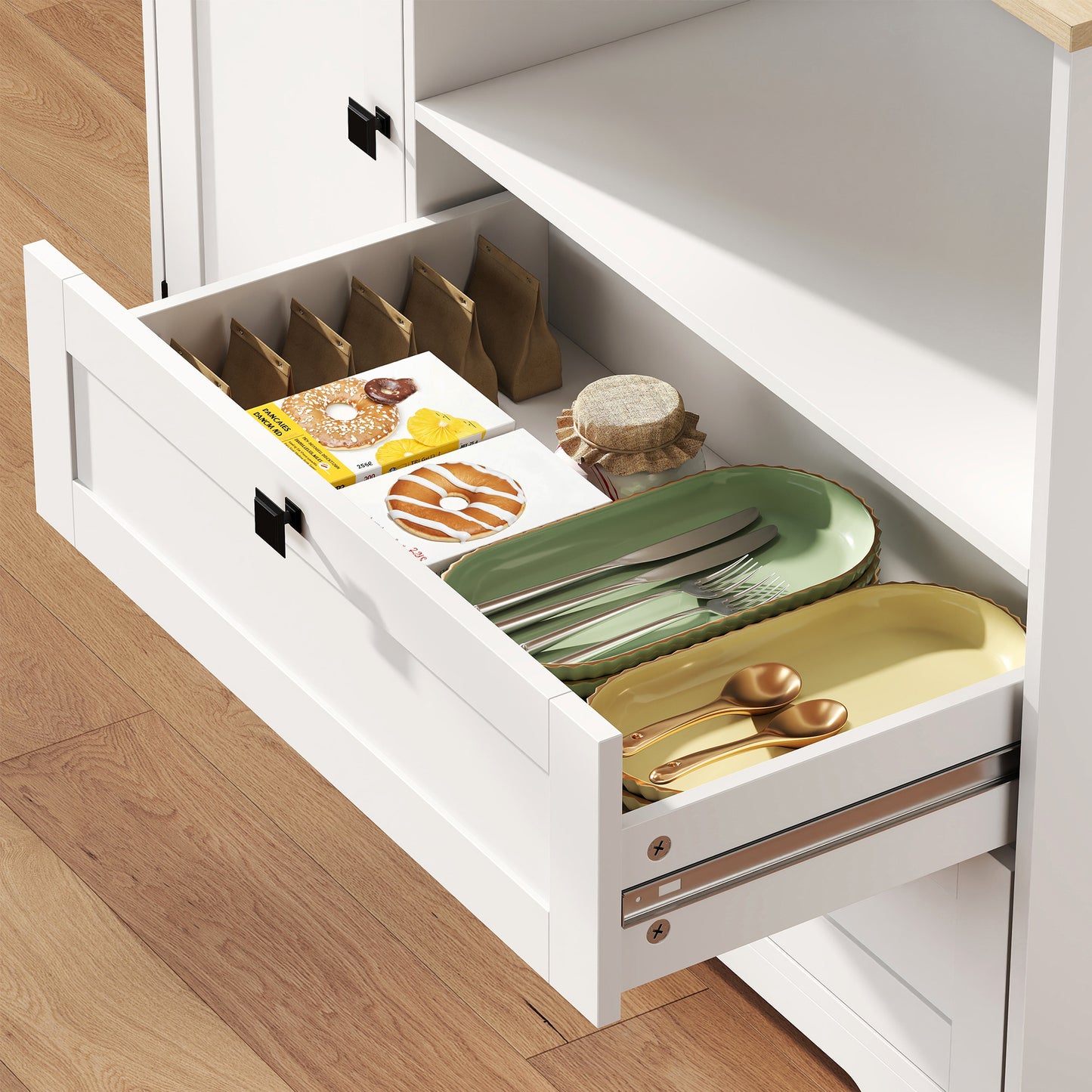 Kitchen Cupboard, Freestanding Kitchen Cabinet with 2 Cabinets, 2 Drawers, Open and Adjustable Shelves, White