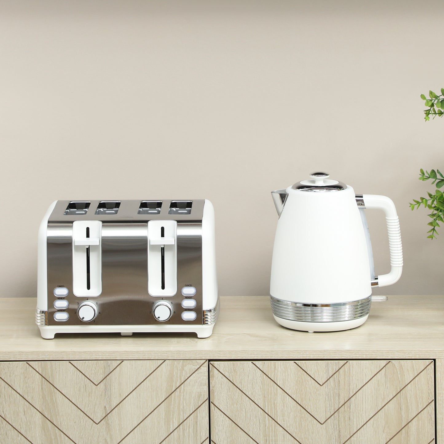 Stainless Steel Panel Kettle and Toaster Set - White