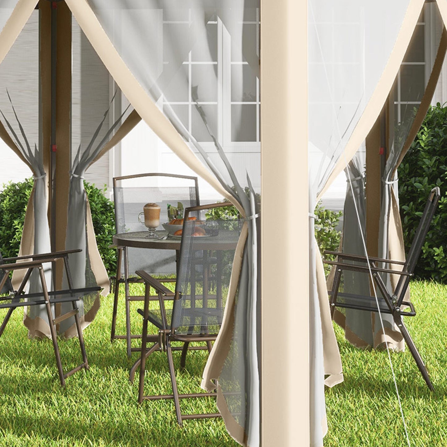 Hexagon Pop Up Gazebo Outdoor Patio Gazebo Double Roof Instant Shelter with Netting, 3 x 4m, Khaki