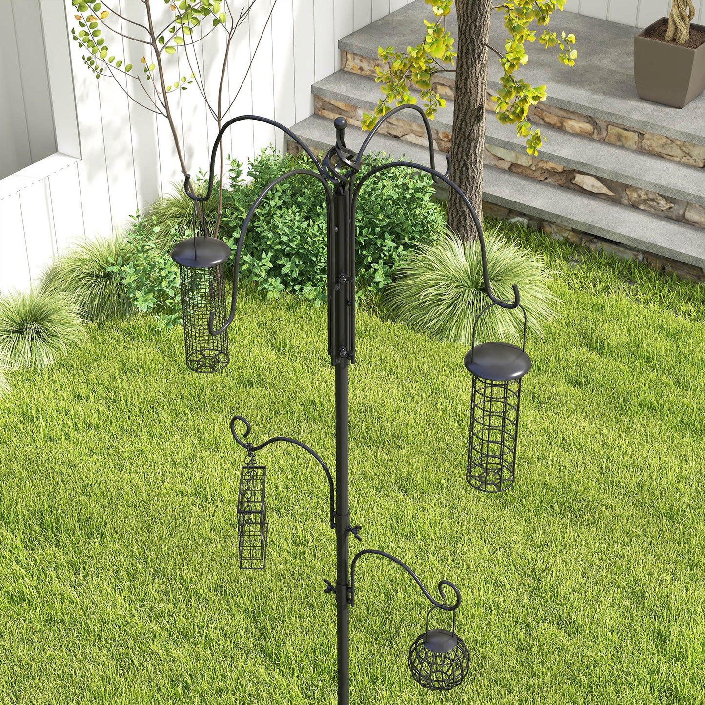 Bird Feeding Station Kit, Wild Bird Feeder Pole with 6 Hooks, 4 Hanging Feeders for Peanuts, Seed, Fat Balls, for Garden