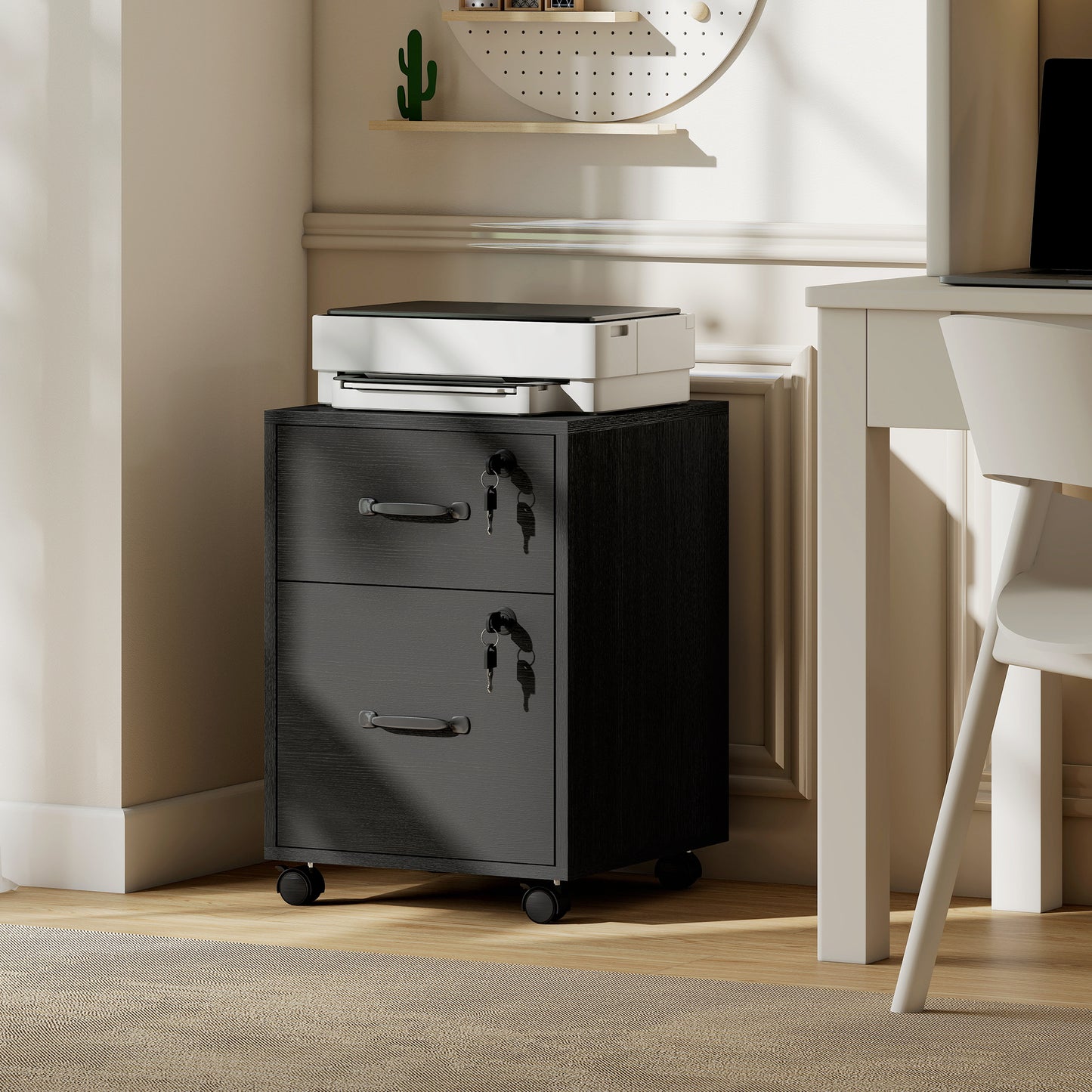 Rolling File Cabinet with 2 Drawers, Mobile Filing Cabinet with Hanging File Folder for Letter Sized Documents, Black