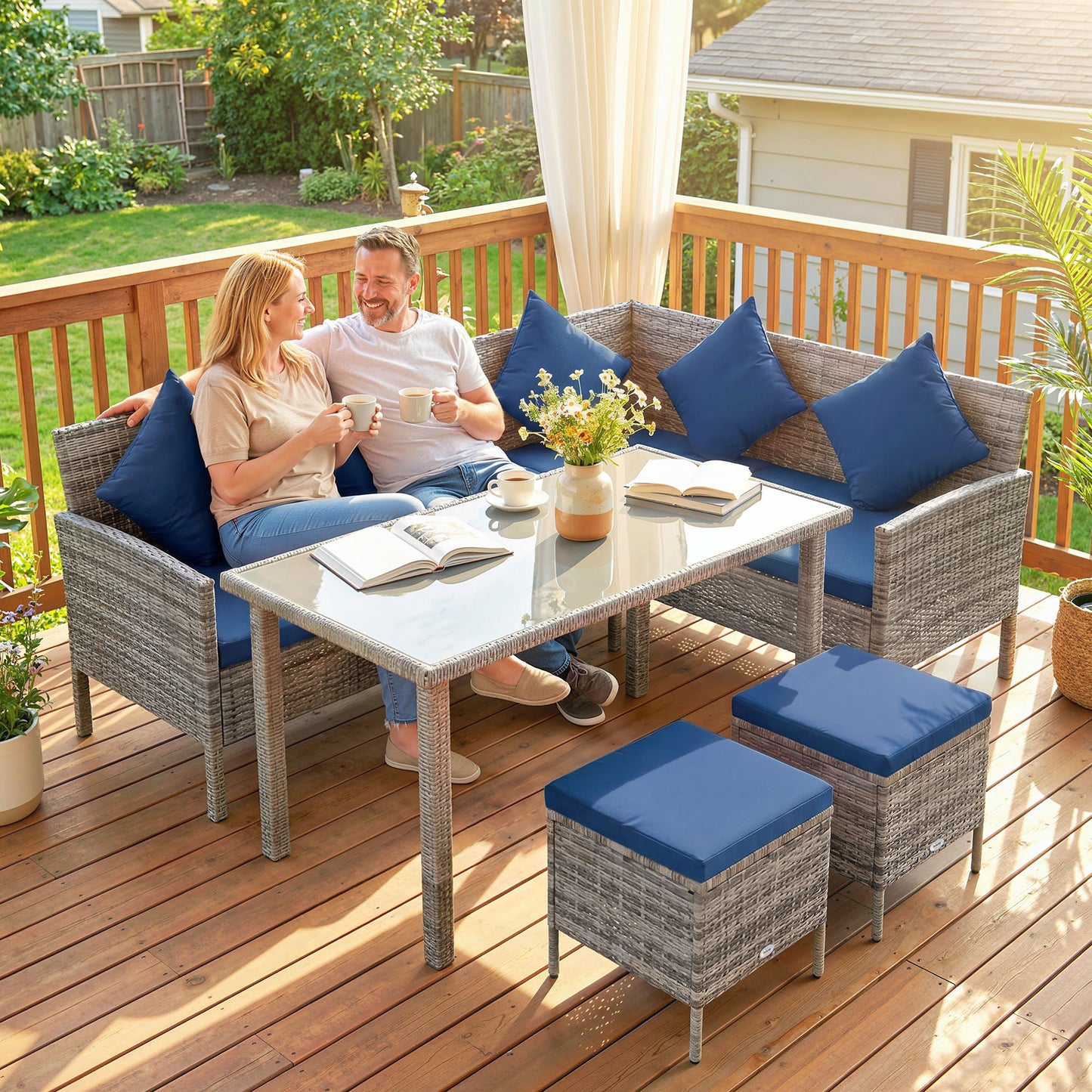 5 Pieces Rattan Garden Furniture Set with Dining Table, Cushions - Dark Blue
