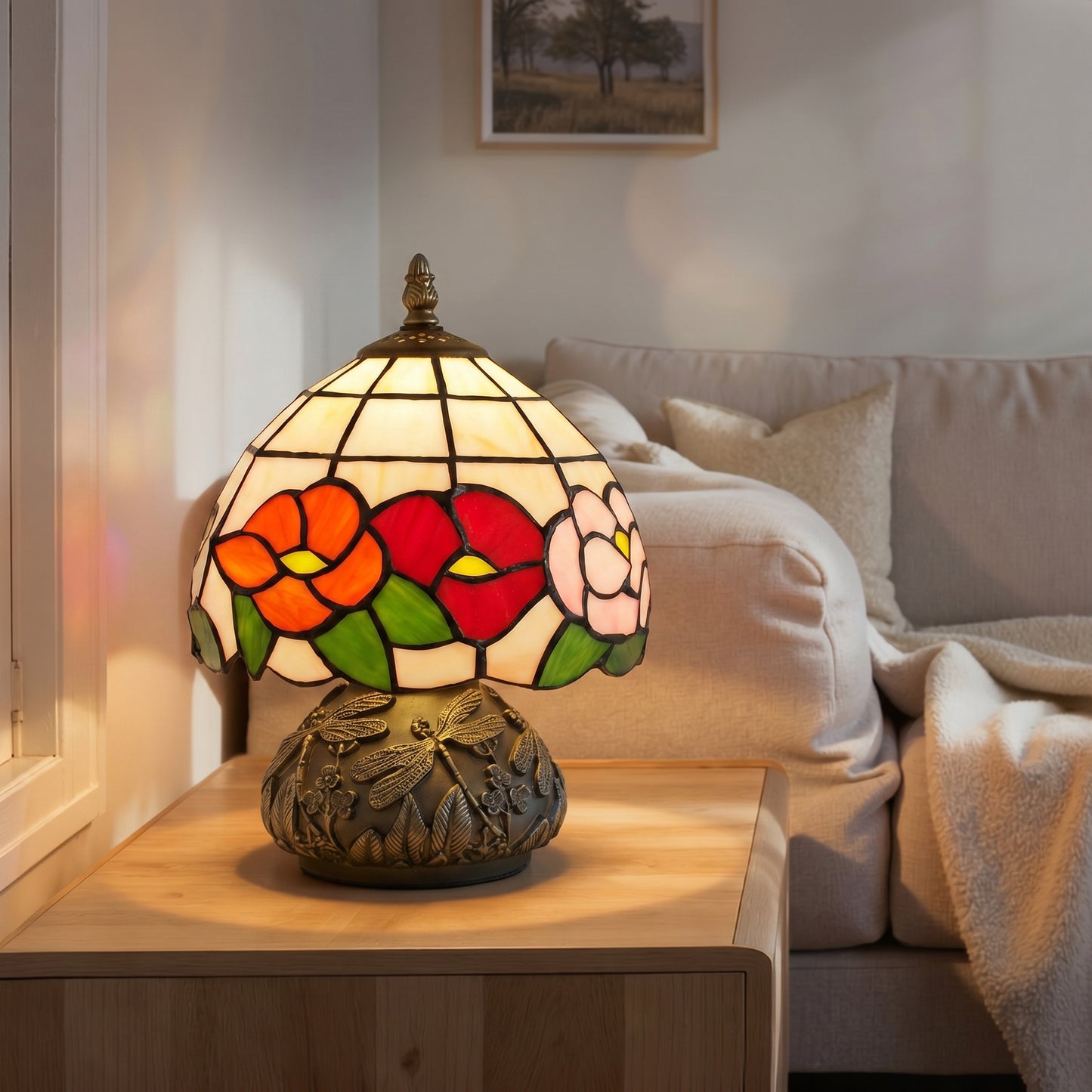 Handcrafted Classic Stained Glass Bedside Lamp, Tiffany-Style Table Lamp with Sculpted Dragonfly Base, Multi-Coloured