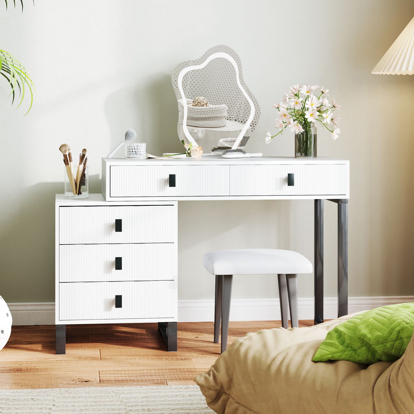Dressing Table, Vanity Desk with Leaf Shape Mirror, Makeup Table with 5 Drawers, 3-Colour LED Lights, 100x40cm Tabletop