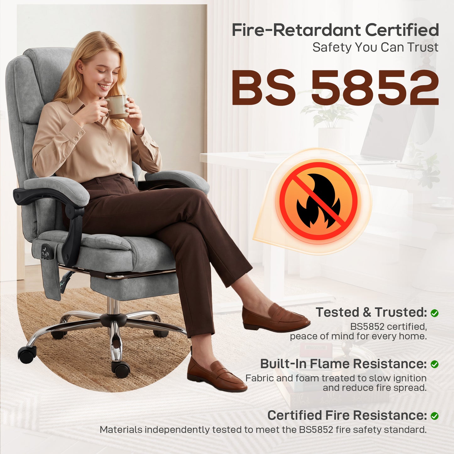 Office Chair with 6-Point Vibration Massage and Heat, Executive Computer Desk Chair with High Back, Reclining, Grey