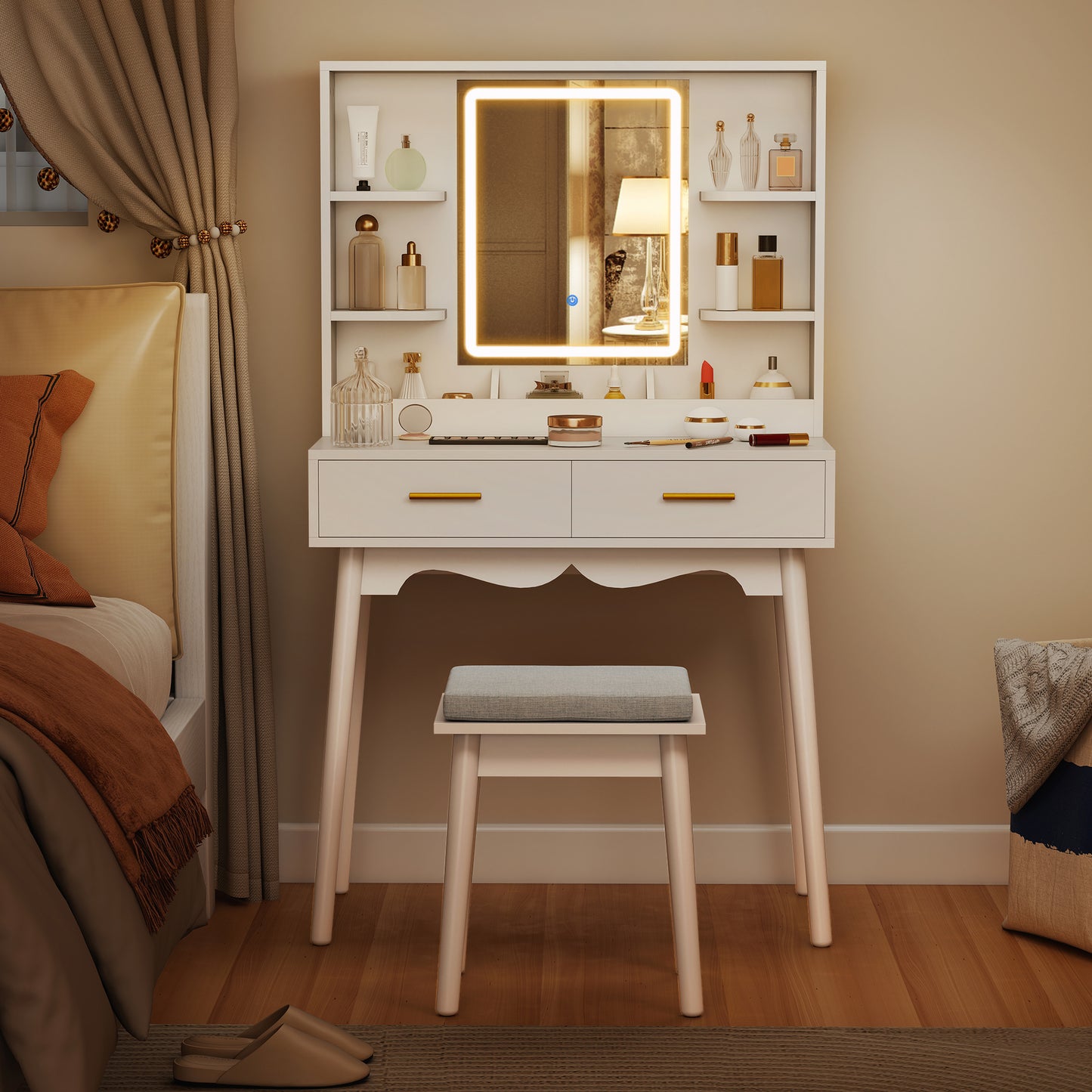 Elegant Dressing Table, with LED Mirror - White