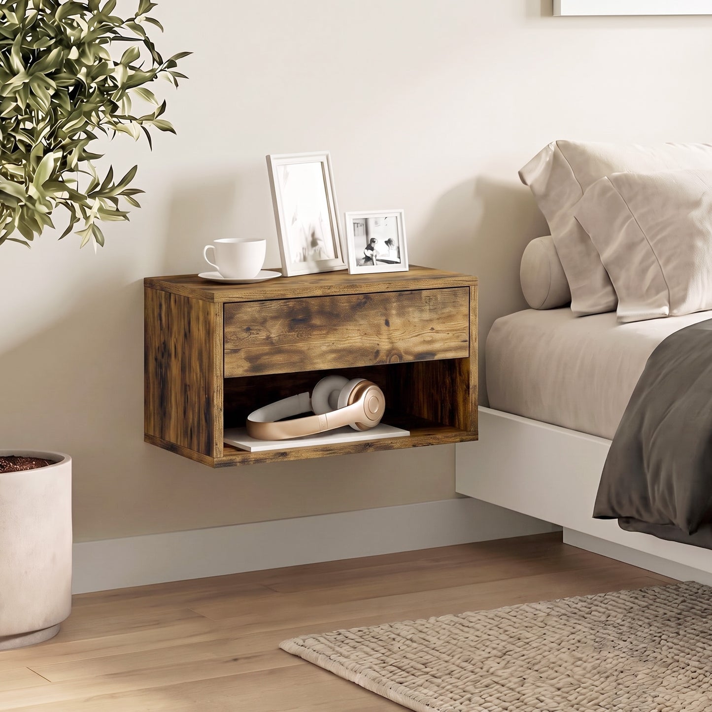 Set of Two Floating Bedside Tables - Rustic Brown