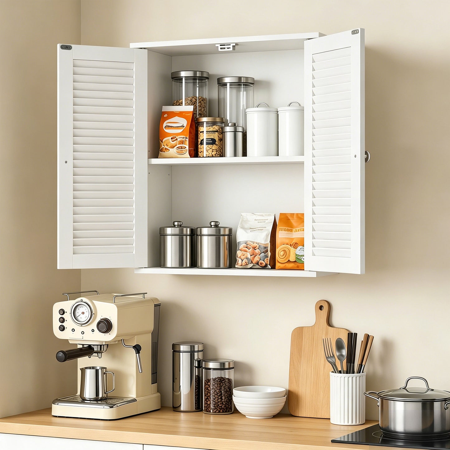 Bathroom Cabinet, Bathroom Wall Cabinet with Louvered Doors and Adjustable Shelf Storage for Kitchen, White