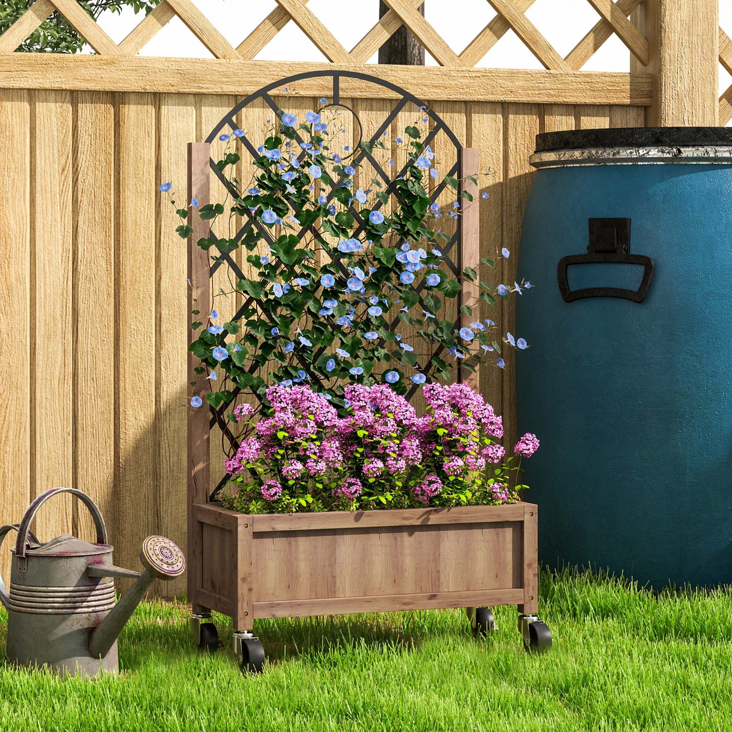 Wooden Planter, with Metal Trellis - Brown/Black