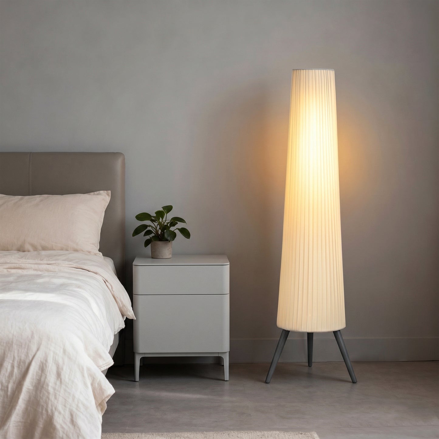 Dimmable Tripod Floor Lamp with Foot Switch, Nordic Standing Lamp with Fabric Shade, 153cm, White and Grey