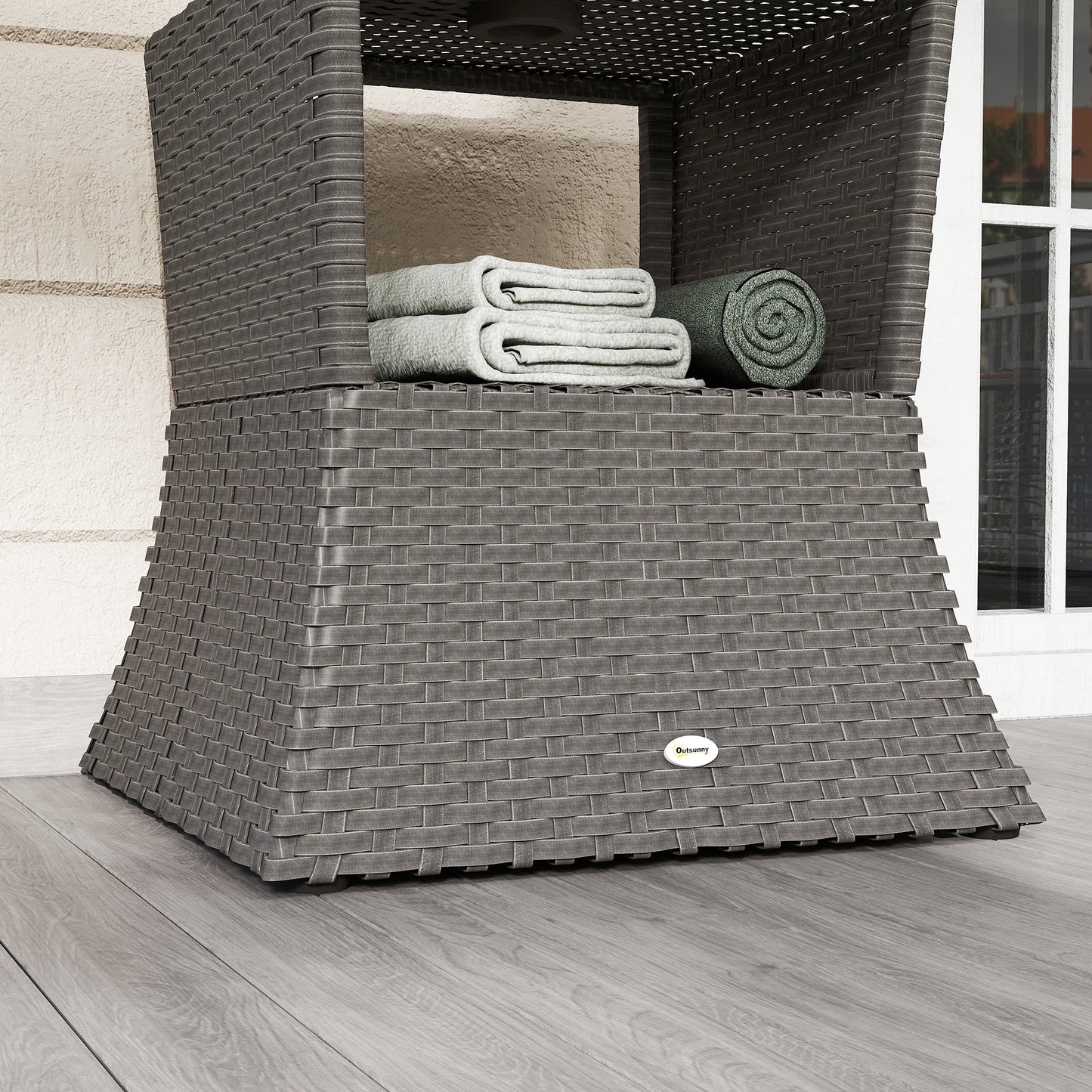 Rattan Outdoor Coffee Table, Wicker Garden Patio Bistro Side Table with Umbrella Hole and Storage Space, Dark Grey