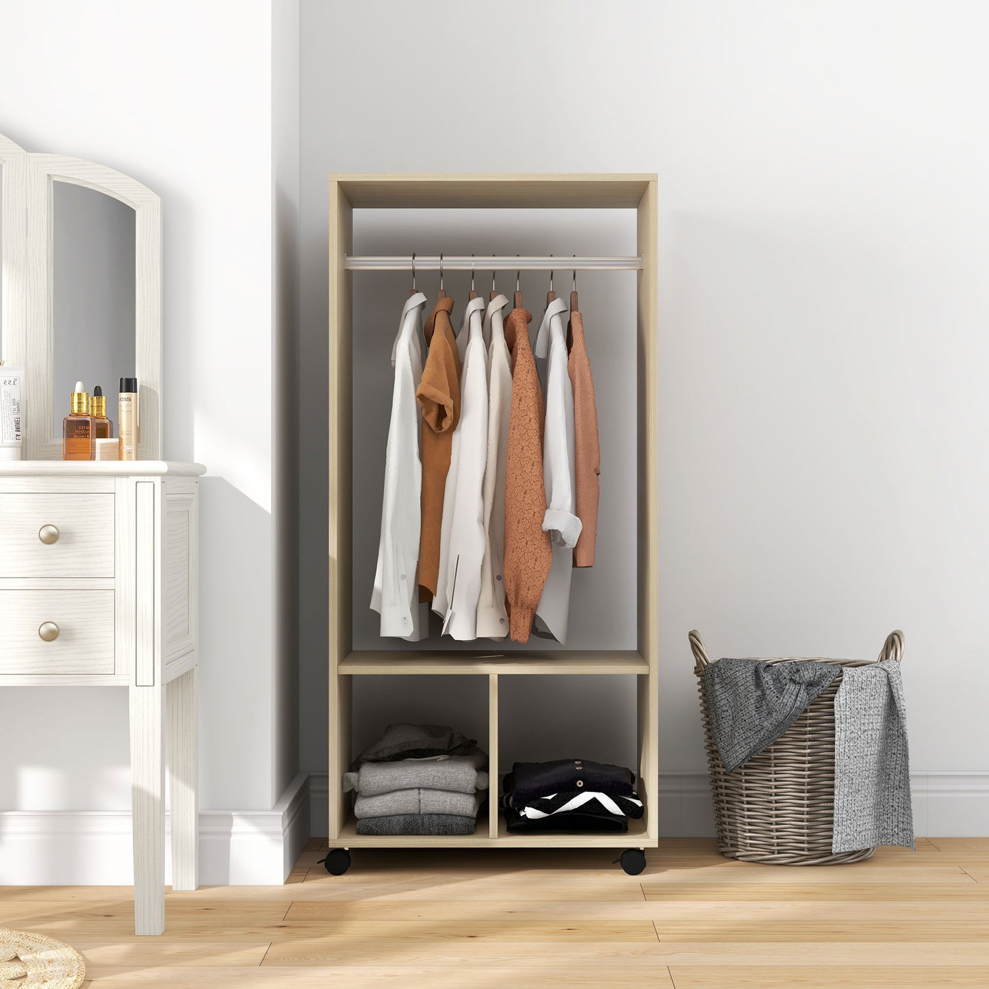 Open Wardrobe on Wheels, Bedroom Wardrobe with Clothes Hanging Rail, 2 Storage Shelves, Mobile Garment Rack for Cloakroom