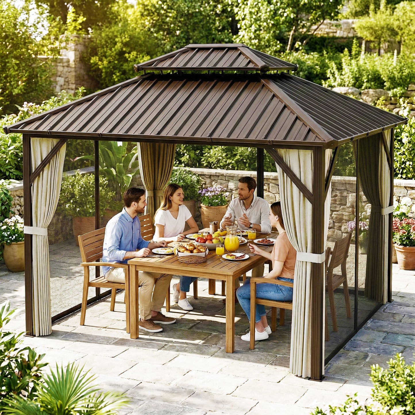 3x3.6 m Hardtop Gazebo Canopy with UPF50+ Double Galvanised Steel Roof, Aluminium Garden Gazebo Permanent Pavilion, Brown