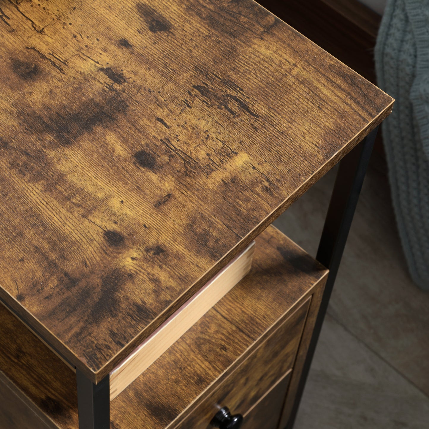 Side Table, Narrow Bedside Table with 2 Drawers and Storage Shelf, Industrial End Table with Metal Frame for Small Spaces