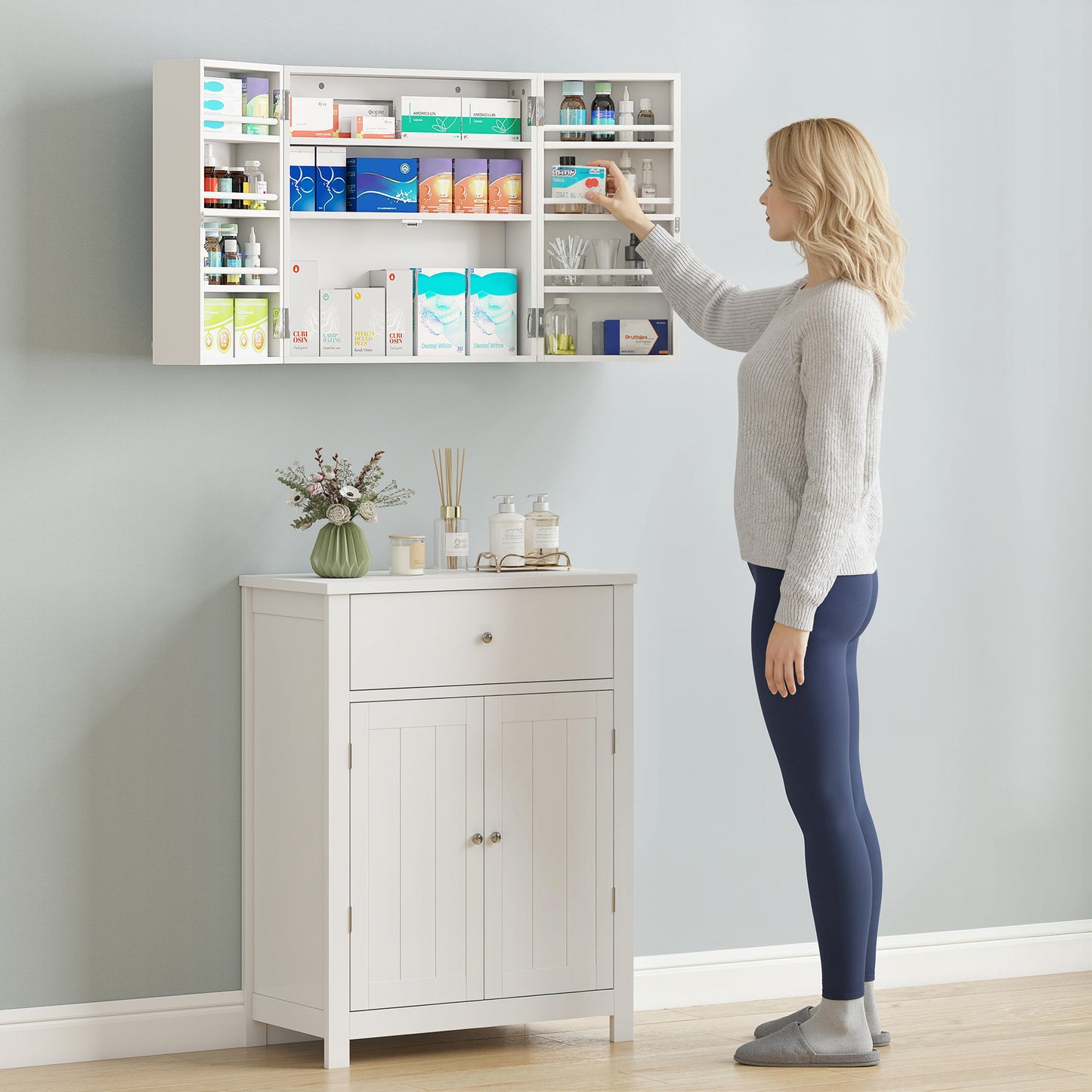 Wall Mount Medicine Cabinet with Key Lock, 3 Tier First Aid Cabinet with 2 Doors and 11 Storage Compartments, White